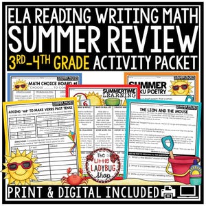 Può includere: Un pacchetto di attività di ripasso estivo per studenti di terza e quarta elementare. Il pacchetto include esercizi di lettura, scrittura e matematica. La copertina presenta il testo "ELA READING WRITING MATH SUMMER REVIEW".