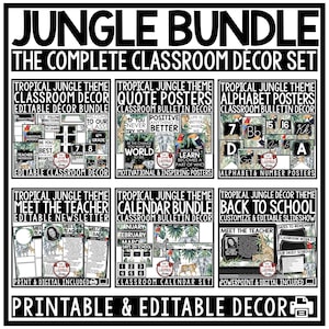 Tropical Jungle Classroom Decor Bundle | Safari Animal Jungle Tropical Motivational Quote Posters | Jungle Theme Bulletin Board