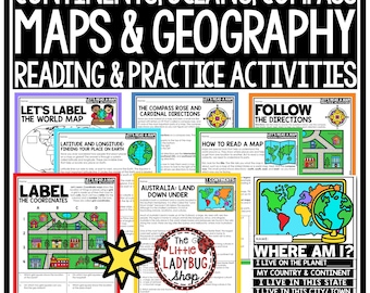 Schede di lavoro sulle abilità di geografia sulla mappa del mondo / Lettura di continenti e oceani / Mappe e globi / Io su una mappa / Attività di geografia sulle abilità di mappa degli Stati Uniti