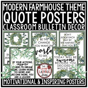 Modern Farmhouse Theme Classroom Decor Bulletin Board | Boho Farmhouse Motivational Quote Posters | Homeschool Decor | Plant Farmhouse Theme