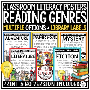 May include: Classroom literacy posters featuring reading genres including adventure, graphic novel, mystery, traditional literature, and science fiction. The posters display definitions and colourful illustrations like a lightbulb, books, and a magnet.