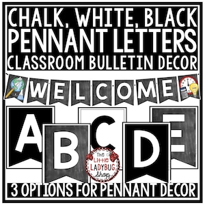 Pancarta de letras de pizarra en blanco y negro, Letras de tablón de anuncios en blanco y negro, Decoración de tablón de anuncios con letras de pizarra, Letras imprimibles