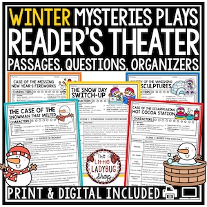 May include: A colorful educational resource titled "Winter Mysteries Plays Reader's Theater" with passages, questions, and organizers. The image features several themed worksheets, including "Case of the Missing New Year's Fireworks" and "The Snow Day Switch-Up."