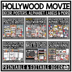 Peut inclure: Une collection numérique de décorations de classe sur le thème du cinéma hollywoodien, incluant des affiches, des alphabets et des étiquettes. L'ensemble propose des ressources imprimables et modifiables comme des bulletins, calendriers et décorations.