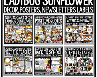 Pacchetto di decorazioni per l'aula a tema coccinella e girasole / Decorazioni per la classe a tema coccinella e girasole / Bacheca a tema coccinella e girasole con giardino naturale