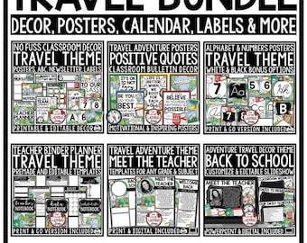 Pacchetto di decorazioni per aule a tema viaggi avventurosi / Poster motivazionali a tema viaggi / Bacheca a tema viaggi nel mondo / Decorazioni per lezioni di viaggio
