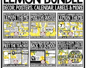 Pacchetto di decorazioni per aule a tema limone / Pacchetto di decorazioni per aule a tema limone / Decorazioni a tema limone in stile fattoria / Alfabeto per bacheca a tema limone