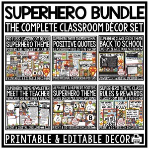 Paquete de decoración para el aula con temática de superhéroes / Etiquetas con nombres de superhéroes / Tablón de anuncios de superhéroes / Pósteres con temática de superhéroes / Aula de regreso a clases