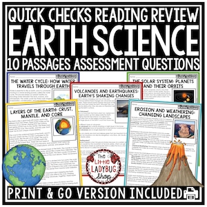 May include: A colorful printable set of 10 Earth Science reading passages and assessment questions. The set includes topics like the water cycle, layers of the Earth, volcanoes and earthquakes, the solar system, and erosion and weathering. The set features a bright red ladybug logo and the text "Quick Checks Reading Review Earth Science 10 Passages Assessment Questions".