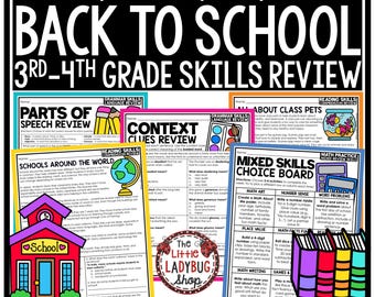 Attività di ripasso per la prima settimana di ritorno a scuola 3a, 4a elementare / Inizio dell'anno Ripasso per il ritorno a scuola Lettura Matematica Valutazione Materiali stampabili