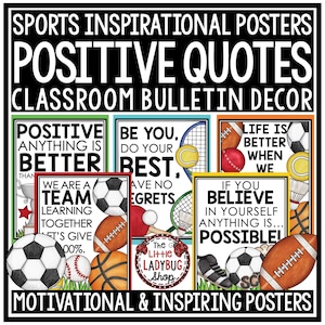 Quadro de avisos de decoração de sala de aula com tema esportivo | Cartazes de citações motivacionais esportivas | Decoração de educação domiciliar | Afirmações positivas com tema esportivo