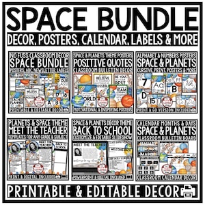 Op de afbeelding: Een zwart-wit afbeelding met de woorden "SPACE BUNDLE" en "DECOR, POSTERS, CALENDAR, LABELS & MORE". De afbeelding toont verschillende klasdecoratie-elementen, waaronder posters, kalenders en labels, allemaal met een ruimtethema.
