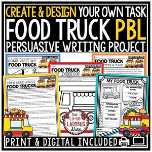 Puede incluir: Un conjunto de hojas de trabajo imprimibles para un proyecto de escritura persuasiva sobre camiones de comida. Las hojas de trabajo incluyen plantillas de diseño, comprensión lectora y tareas de diseño. El logotipo de The Little Ladybug Shop es visible. El texto incluye "Create & Design Your Own Task Food Truck PBL".