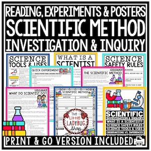 Puede incluir: Una colección de carteles y hojas de trabajo educativos para lecciones de ciencias. La imagen presenta títulos como "Método científico", "Herramientas y usos de la ciencia" y "Reglas de seguridad científica". El texto incluye "Versión para imprimir y listo incluida".