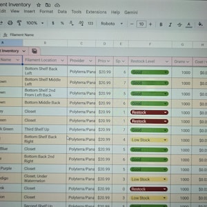 May include: A computer screen displays a spreadsheet titled "Filament Inventory." The data includes filament names, locations, providers, prices, and stock levels. The "Restock Level" column uses color-coded indicators.