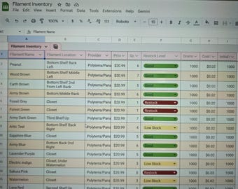 Suivi des stocks de filaments pour impression 3D Excel | Journal des matériaux d'impression 3D et gestionnaire des stocks | Feuille de calcul du projet Maker | Téléchargement numérique uniquement