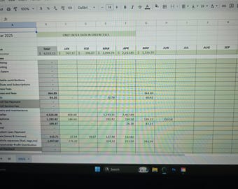 May include: A computer screen displaying a spreadsheet labeled "Tax Year 2025." The spreadsheet shows financial data with columns for months and rows for expenses and revenue. The text "ONLY ENTER DATA IN GREEN CELLS" is visible.