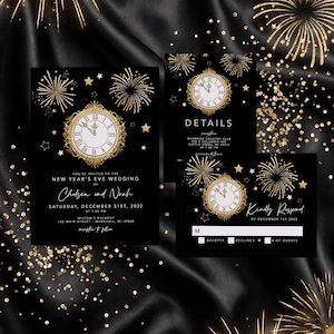 New Year's Eve Wedding Invitation Suite Black and Gold Fireworks Vintage Clock