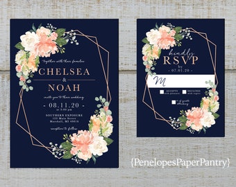 Edit at Templett #117#116 Printable Double Sided Invite Suite All Editable Peach Cream Floral Navy Gold Wedding Invitation Set Template
