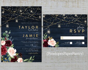 Rustic Navy Floral Fall Wedding Invitation,Mr and Mrs,Burgundy,Blush,Navy Blue,Roses,Barn Wood,Gold Print,Shimmery,Printed Invitation,Custom