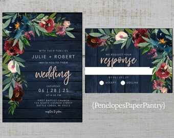 Rustic Fall Wedding Invitation,White Pumpkins,Burgundy Roses,Fairy Lights,Burgundy Barn Wood,Gold Print,Shimmery,Printed Invitation,Envelope