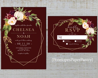 Rustic Fall Wedding Invitation,White Pumpkins,Burgundy Roses,Fairy Lights,Burgundy Barn Wood,Gold Print,Shimmery,Printed Invitation,Envelope