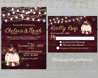 Rustic Fall Wedding Invitation,White Pumpkins,Burgundy Roses,Fairy Lights,Burgundy Barn Wood,Gold Print,Shimmery,Printed Invitation,Envelope