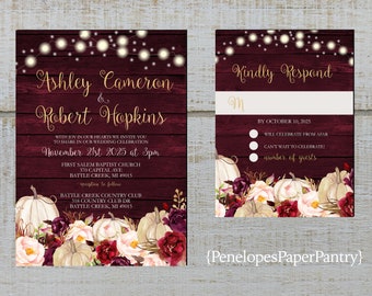 Rustic Fall Wedding Invitation,White Pumpkins,Burgundy Roses,Fairy Lights,Burgundy Barn Wood,Gold Print,Shimmery,Printed Invitation,Envelope