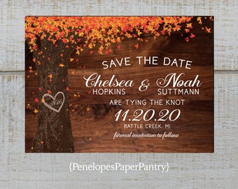 Rustic Fall Wedding Save The Date Cardpurpleoak Treecarved Etsy