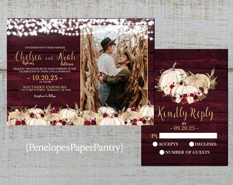 Rustic Fall Wedding Invitation,White Pumpkins,Burgundy Roses,Fairy Lights,Burgundy Barn Wood,Gold Print,Shimmery,Printed Invitation,Envelope