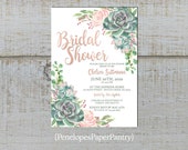 Elegant Succulent Summer Bridal Shower Invitation,Succulents,Pink Roses,Calligraphy,Rose Gold,Shimmery,Customize,Printed Invitation