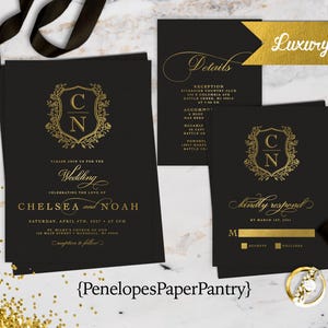 Luxury Black and Gold Foil Wedding Invitation Personalized Monogram Crest Gold Foil Print Calligraphy Printed Invitations Envelopes Included