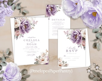 Lavender Floral Summer Wedding Invitation Suite: Personalized and Printed with Envelopes