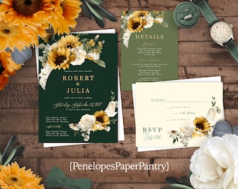 Sunflower Wedding Invitation Suite Personalized Printed Stationery Sage Green Gold Botanical Fall Ceremony Card Dark Rustic Floral Autumn