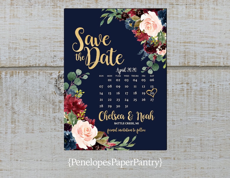 Elegant Navy Floral Fall Wedding Save The Date Card,Calendar,Burgundy,Blush,Navy,Roses,Greenery,Gold Print,Shimmery,Printed Card