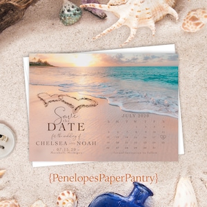 Romantic Beach Wedding Save The Date Calendar Card,Hearts In The Sand,Sunset,Sandy Beach,Destination,Shimmery,Custom,Printed Cards
