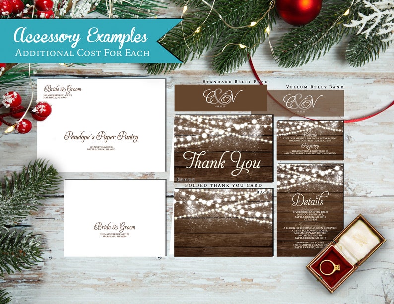 Elegant Rustic Winter Wedding Invitation,Glowing Fairy Lights,Snowflakes,Barn Wood,Romantic,Rustic,Custom,Printed Invitation,Wedding Set image 2