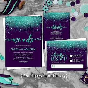 Elegant Purple and Teal Wedding Invitation Personalized Purple Teal Glitter Print Calligraphy Printed Invitation Envelope Included Unique