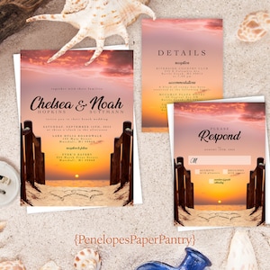 Sunset Beach Wedding Invitation,Beach Wedding Invite,Tropical Wedding,Hawaii Wedding,Lake,Personalize,Printed Invitation,Envelope Included