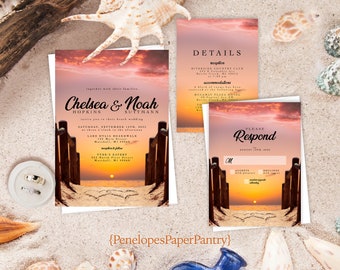 Sunset Beach Wedding Invitation,Beach Wedding Invite,Tropical Wedding,Hawaii Wedding,Lake,Personalize,Printed Invitation,Envelope Included