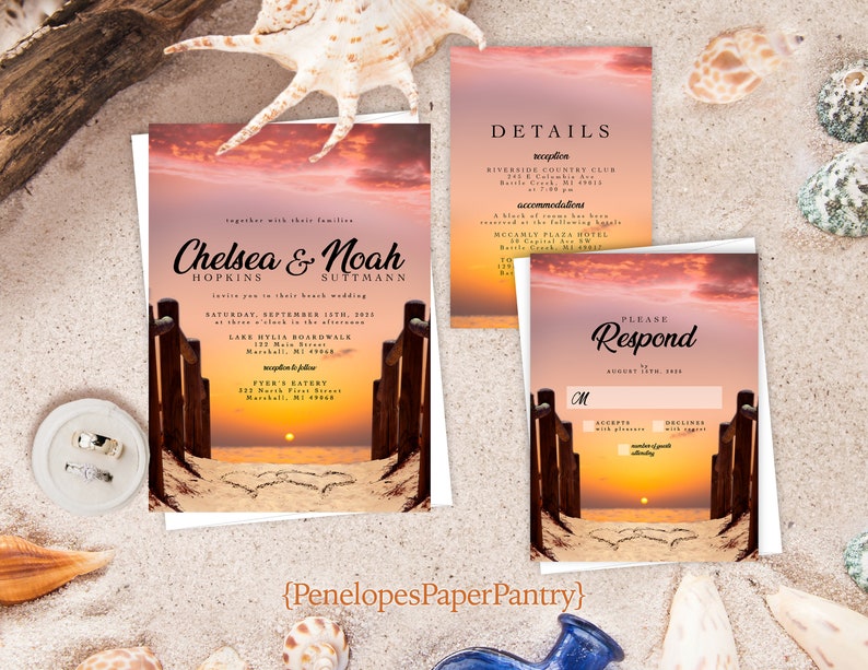 Sunset Beach Wedding Invitation,Beach Wedding Invite,Tropical Wedding,Hawaii Wedding,Lake,Personalize,Printed Invitation,Envelope Included image 1