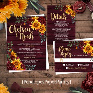 Rustic Sunflower Wedding Invitation,Sunflower Wedding Invite,Rustic Burgundy Wood,Sunflowers,Burgundy Roses,Gold,Calligraphy,Shimmery Invite