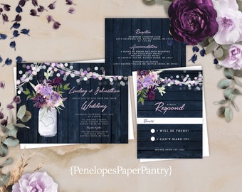 Rustic Summer Wedding Invitation Suite Navy Lavender Lilac Mason Jar Floral Bouquet Fairy Lights Navy Barn Wood Personalize Printed Envelope