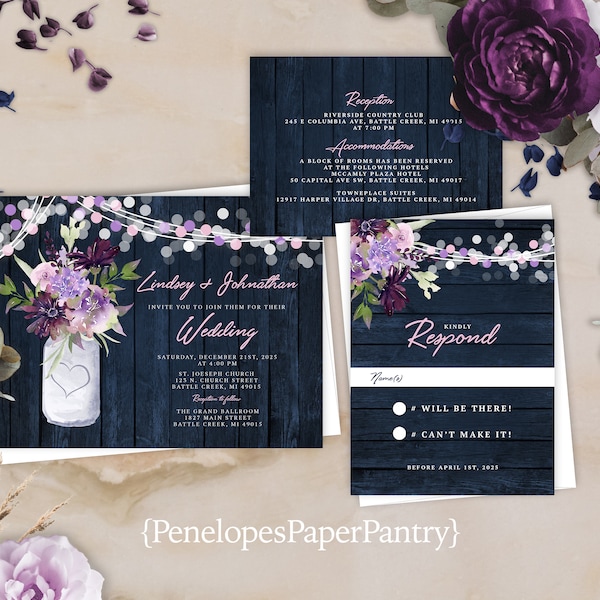 Rustic Navy Summer Wedding Invitation,Summer Wedding Invite,Lavender and Lilac,Bouquet,Mason Jar,Fairy Lights,Barn Wood,Personalize,Printed