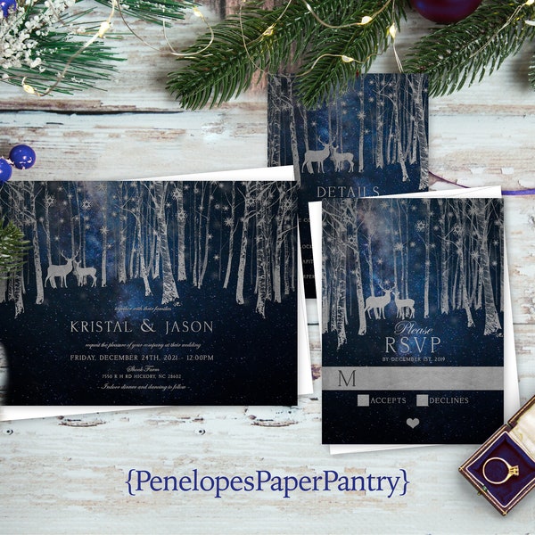 Personalized,Rustic,Winter Wedding Invitation,Winter Wedding Invite,Navy and Silver,Snowy Forest,Deer,Shimmery Invitation,Envelope Included