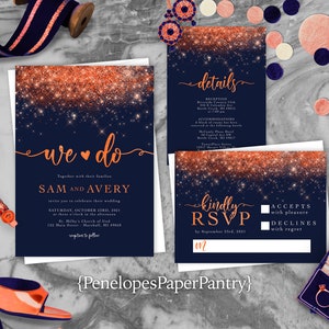 Bling Navy and Orange Wedding Invitation,Navy,Orange,Wedding Invite,Orange Glitter Print,Heart,Calligraphy,Shimmery Invitation,Envelope