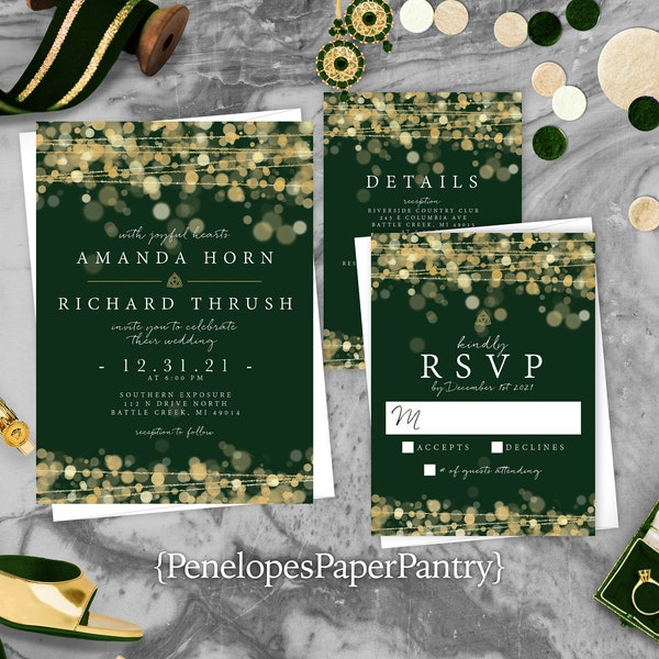 Emerald Green Wedding Invitation,Emerald and Gold Wedding Invite,Celtic Love Knot,Gold Glowing Lights,Personalize,Envelope,Shimmery,Printed
