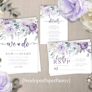 Elegant Lavender Floral Summer Wedding Invitation Personalized Summer Lavender Roses Sage Calligraphy Printed Invitations Envelopes Included