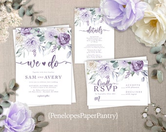 Lavender Floral Wedding Invitation,Personalized,Summer Wedding Invite,Lavender Roses,Calligraphy,Printed Invite Set,Envelopes Included