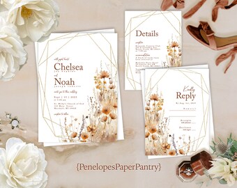 Elegant Neutral Wildflower Summer Wedding Invitation Suite Geometric Frame Gold Print Personalize Printed Envelope Wedding Set